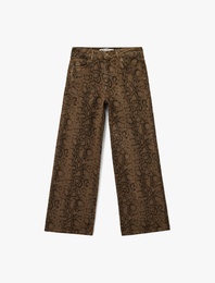 Yılan Desenli Düğmeli Normal Bel Geniş Paça Pantolon - Wide Leg Jeans
