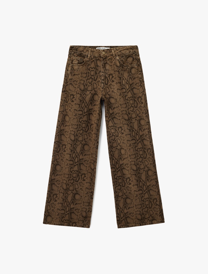  Yılan Desenli Düğmeli Normal Bel Geniş Paça Pantolon - Wide Leg Jeans