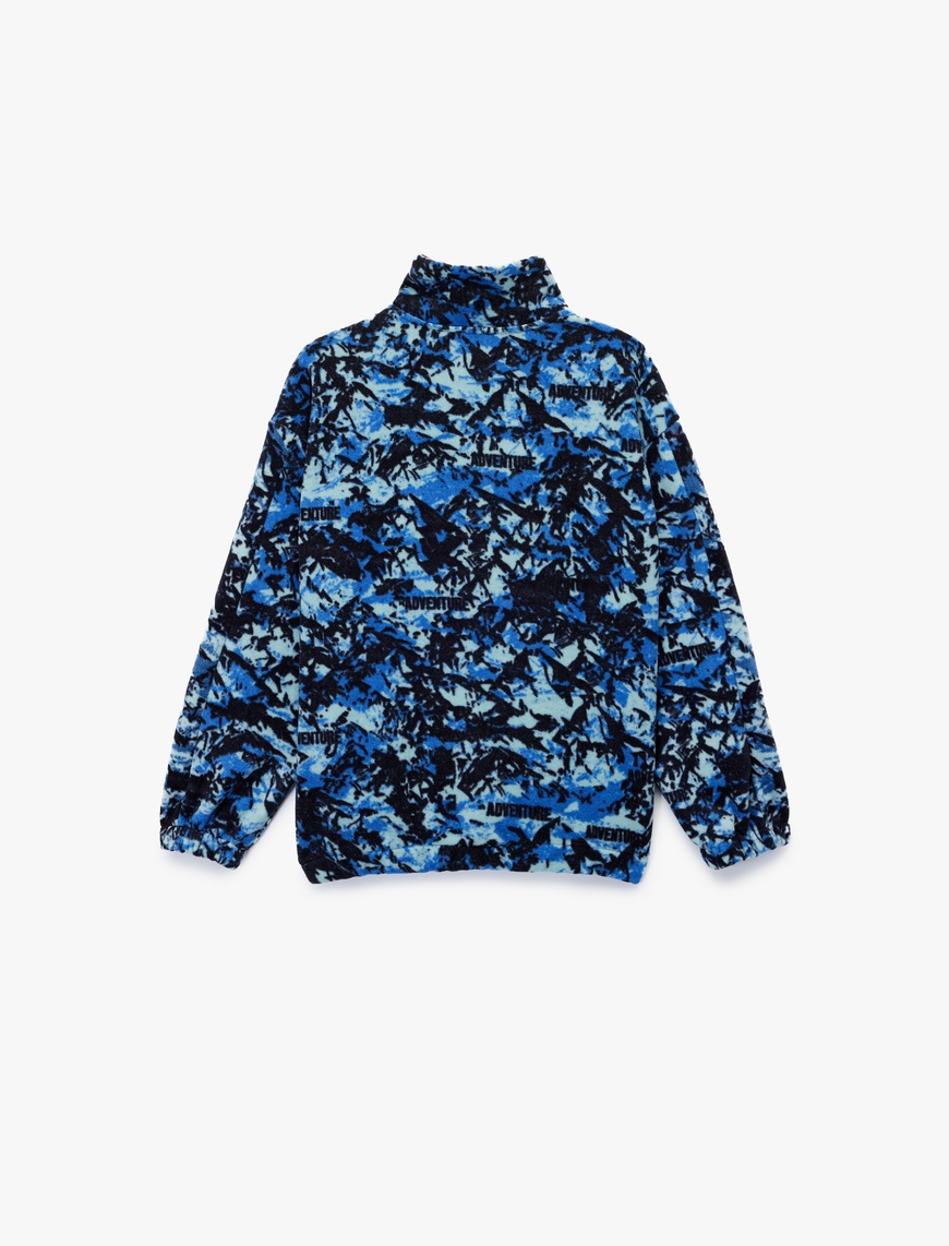  Erkek Çocuk Uzun Kollu Dik Yaka Kapaklı Cepli Desenli Oversize Polar Sweatshirt