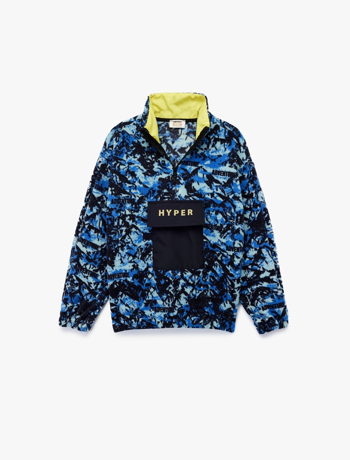 Erkek Çocuk Uzun Kollu Dik Yaka Kapaklı Cepli Desenli Oversize Polar Sweatshirt