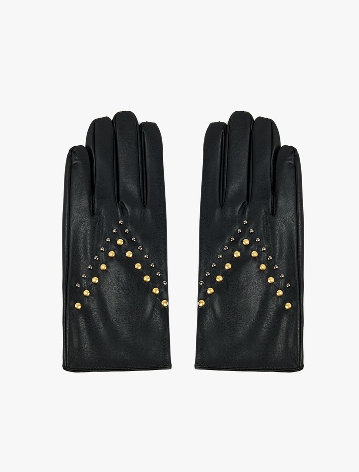 Kadın Metal Aksesuarlı Suni Deri Eldiven