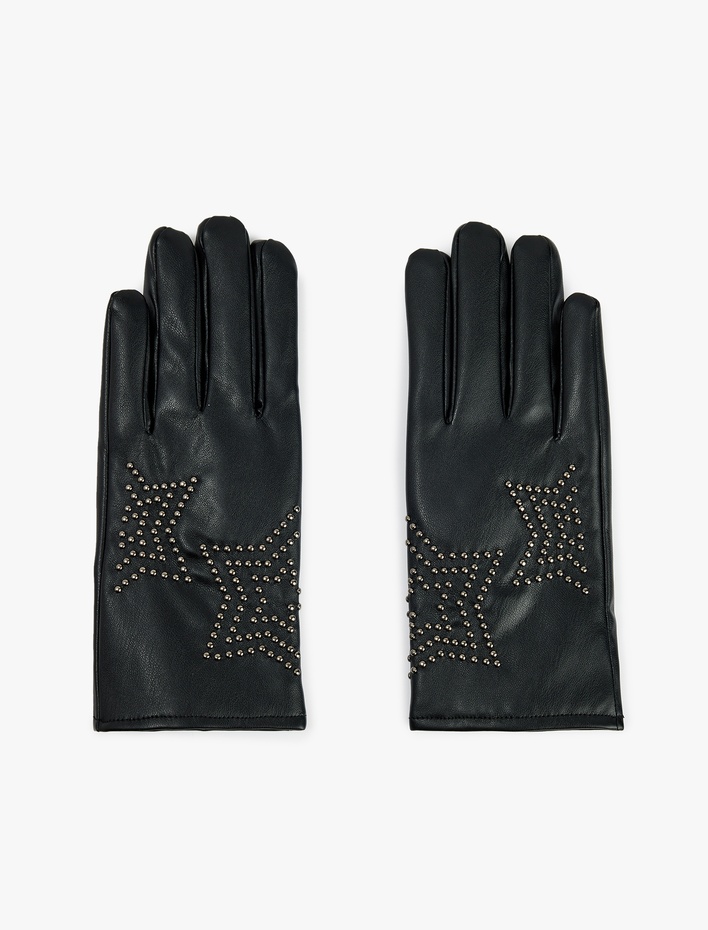 Kadın Metal Aksesuarlı Yıldız Şekilli Suni Deri Eldiven