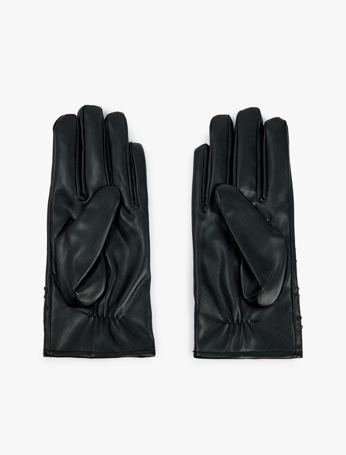 Kadın Metal Aksesuarlı Yıldız Şekilli Suni Deri Eldiven