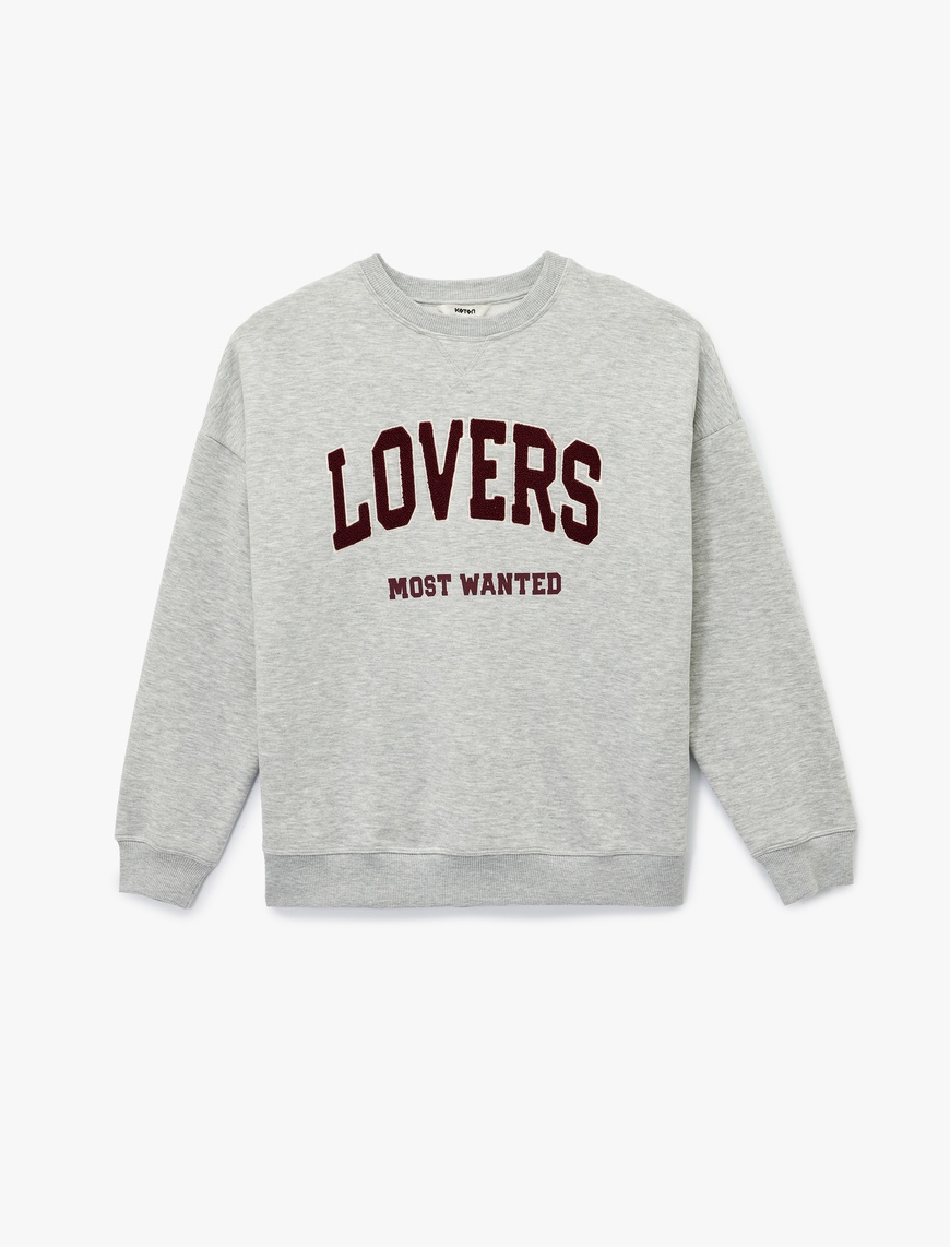   Uzun Kollu Bisiklet Yaka Peluş Aplike Detaylı Baskılı Sweatshirt