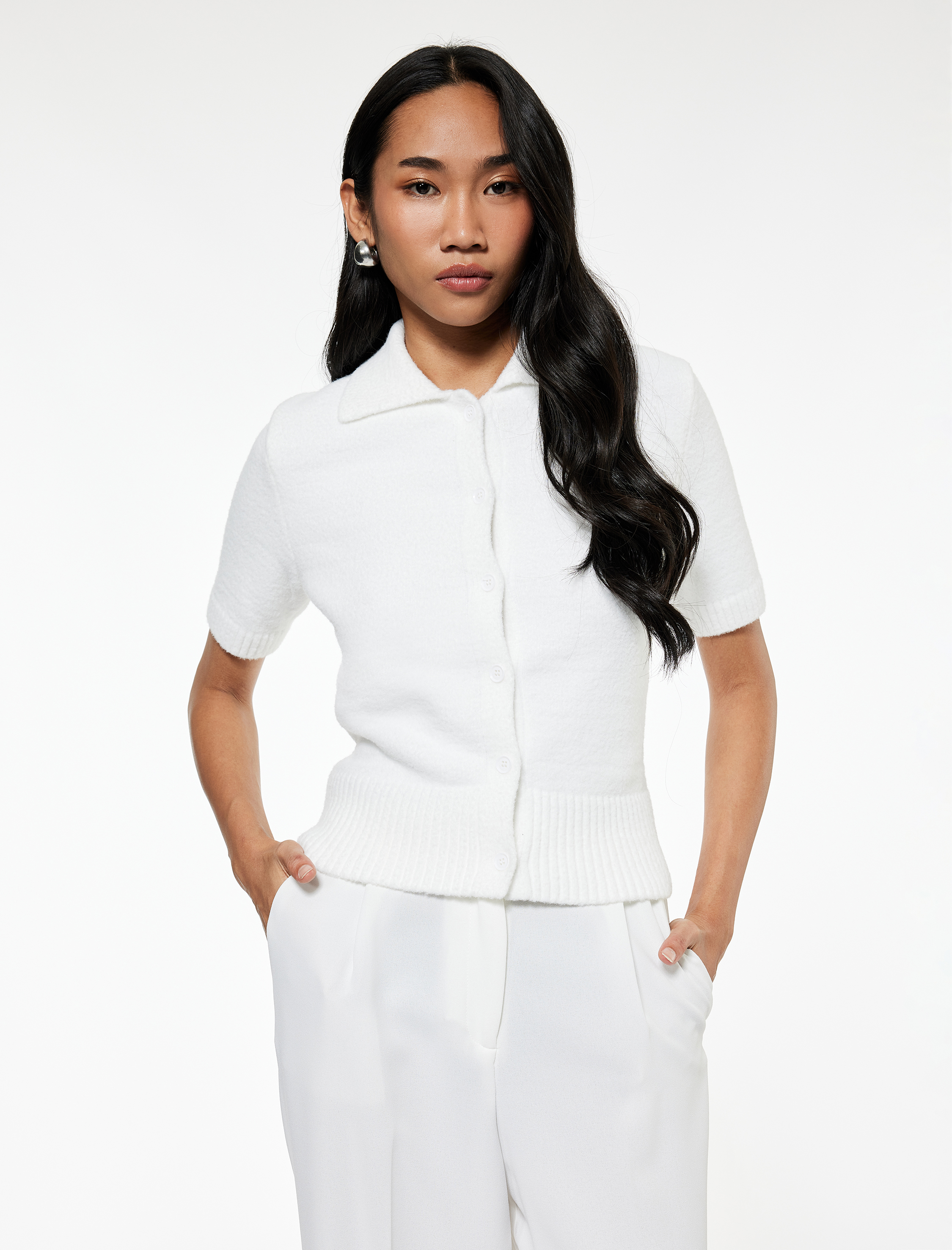   Düğmeli Kısa Kollu Polo Yaka Triko Peluş Hırka