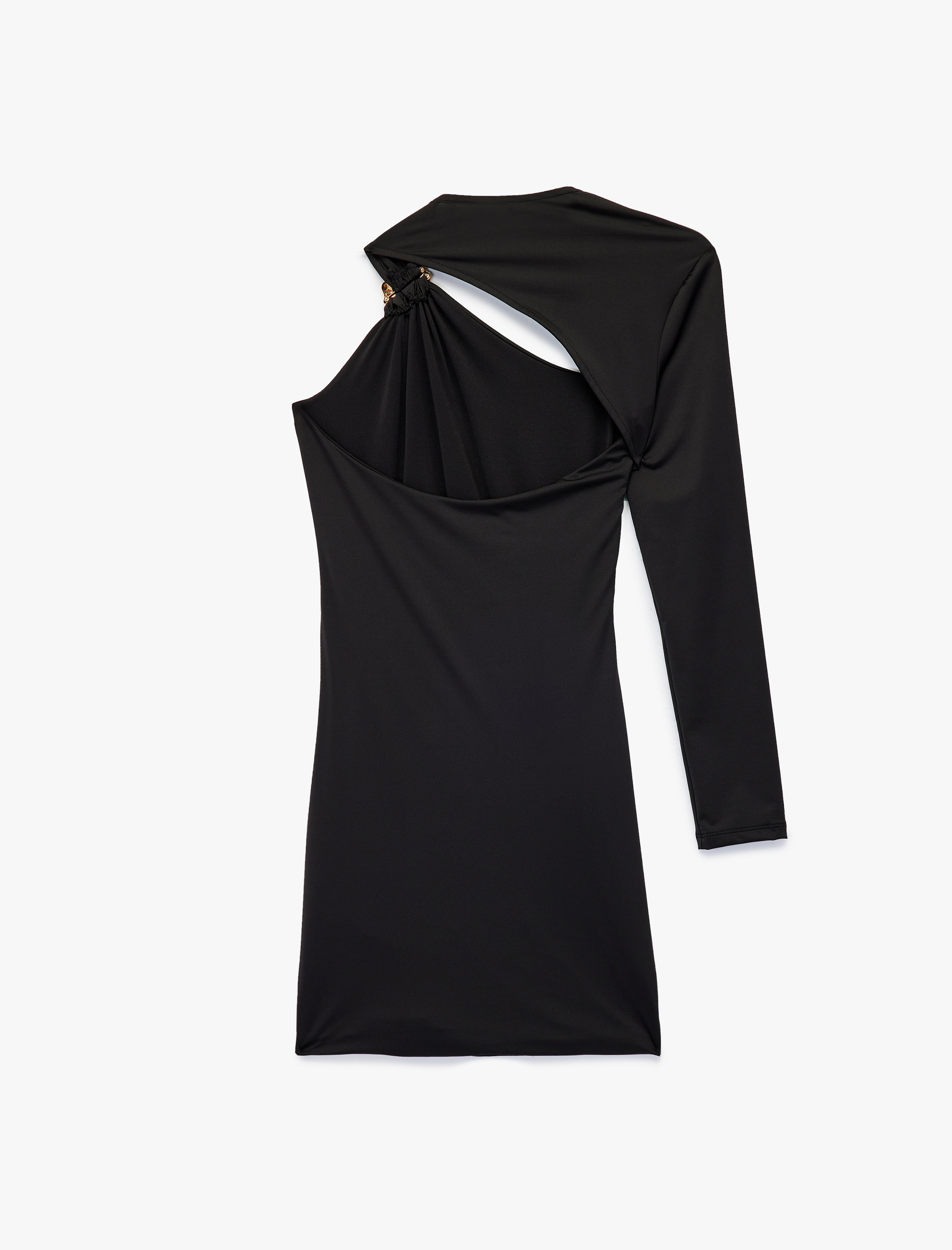   Asimetrik Yaka Pencere Detaylı Uzun Kollu Metal Aksesuarlı Mini Abiye Elbise