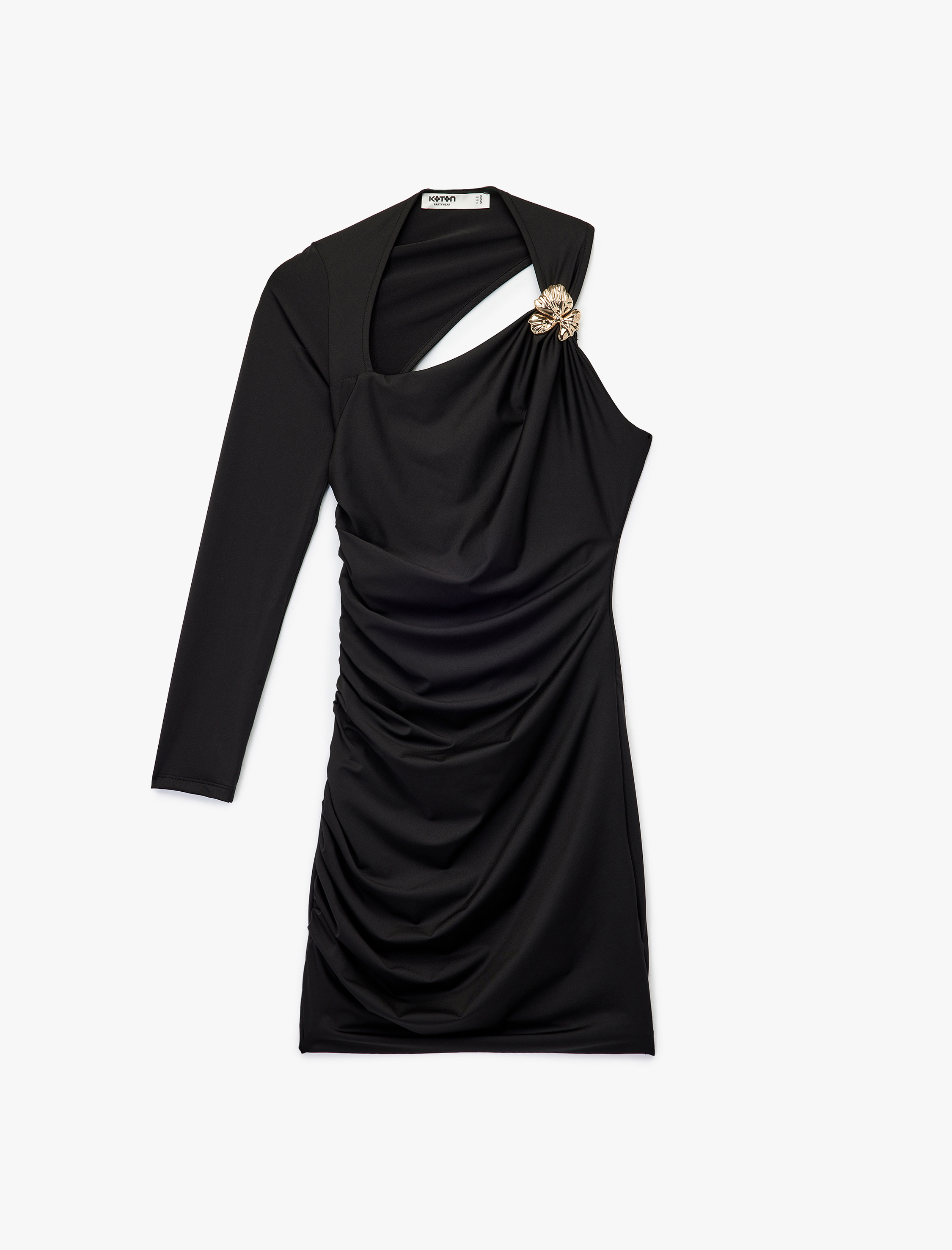   Asimetrik Yaka Pencere Detaylı Uzun Kollu Metal Aksesuarlı Mini Abiye Elbise