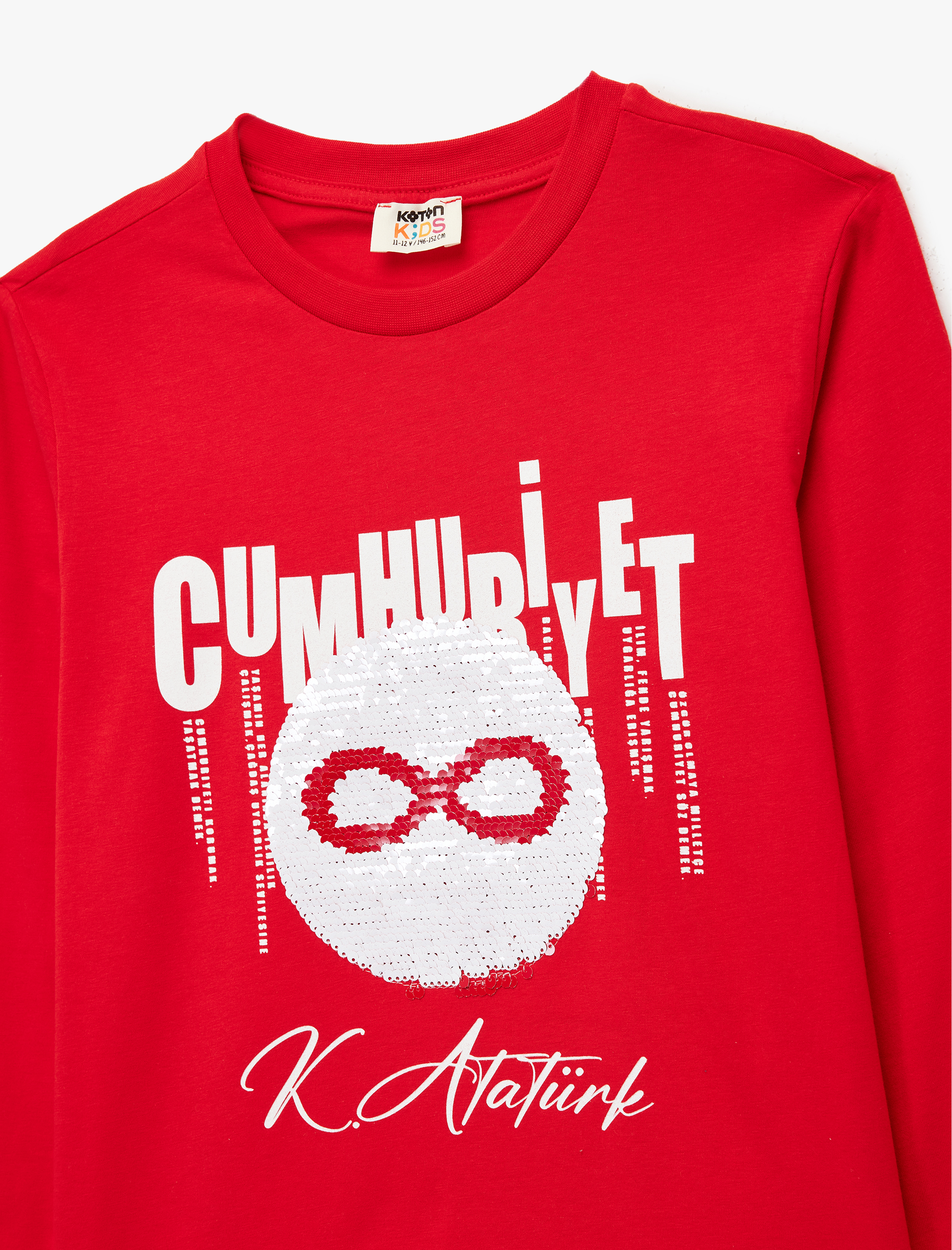  Kız Çocuk Pamuklu Uzun Kollu Pullu Payetli Cumhuriyet ve Atatür İmza Baskılı Tişört