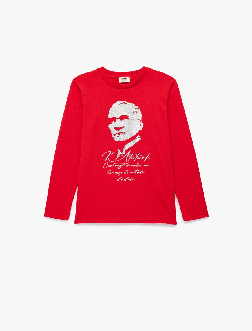  Kız Çocuk Pamuklu Uzun Kollu Bisiklet Yaka Atatürk Baskılı Tişört