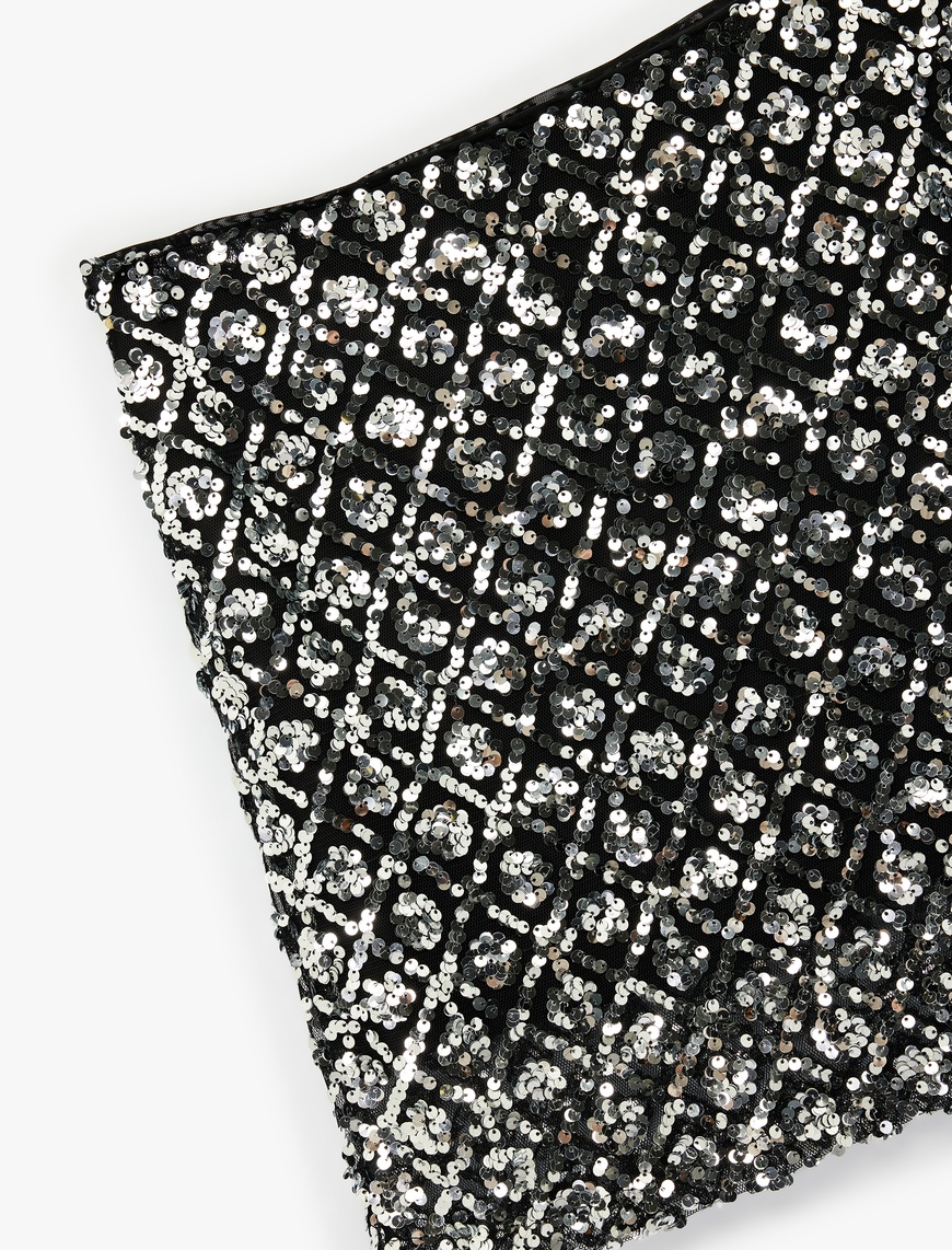   Pullu Payetli Slim Fit Mini A Kesim Abiye Etek
