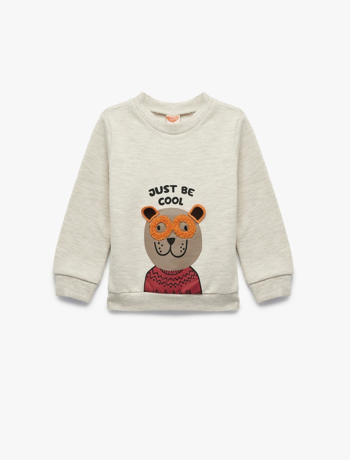 Erkek Bebek Uzun Kollu Bisiklet Yaka Ayıcık Detaylı Sweatshirt