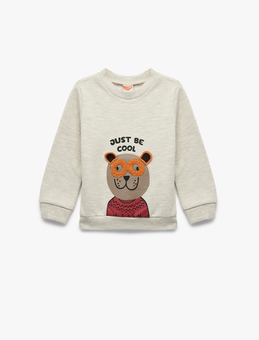 Erkek Bebek Uzun Kollu Bisiklet Yaka Ayıcık Detaylı Sweatshirt
