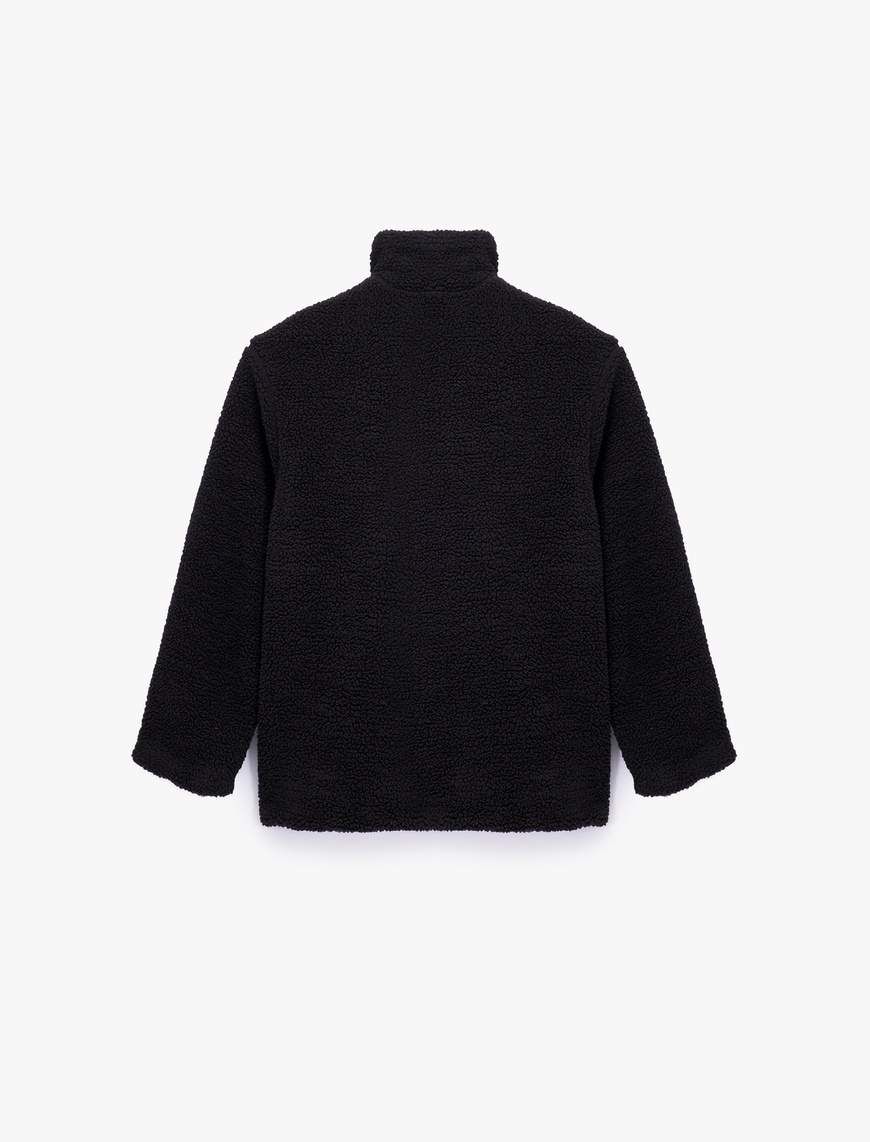   Uzun Kollu Cepli Fermuarlı Dik Yaka Oversize Peluş Mont
