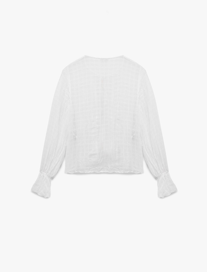  Bağlamalı Yakalı Fırfırlı Fiyonklu Uzun Kollu Viskon Karışımlı Bluz