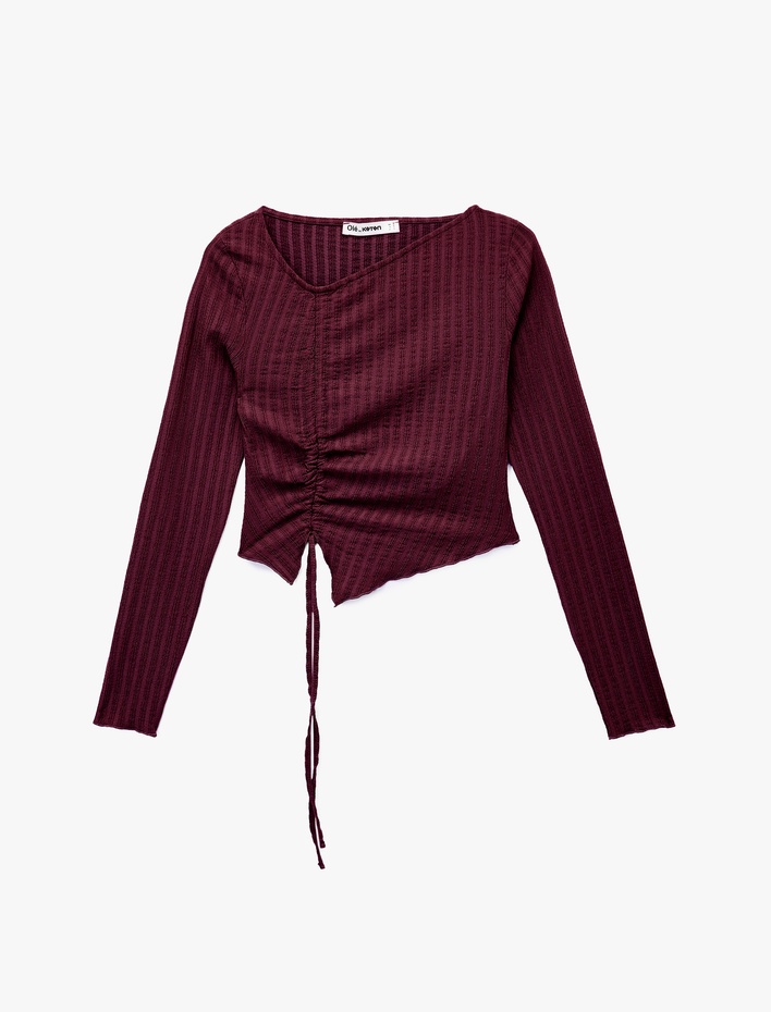  Asimetrik Yaka Slim Fit Büzgülü Uzun Kollu Tişört