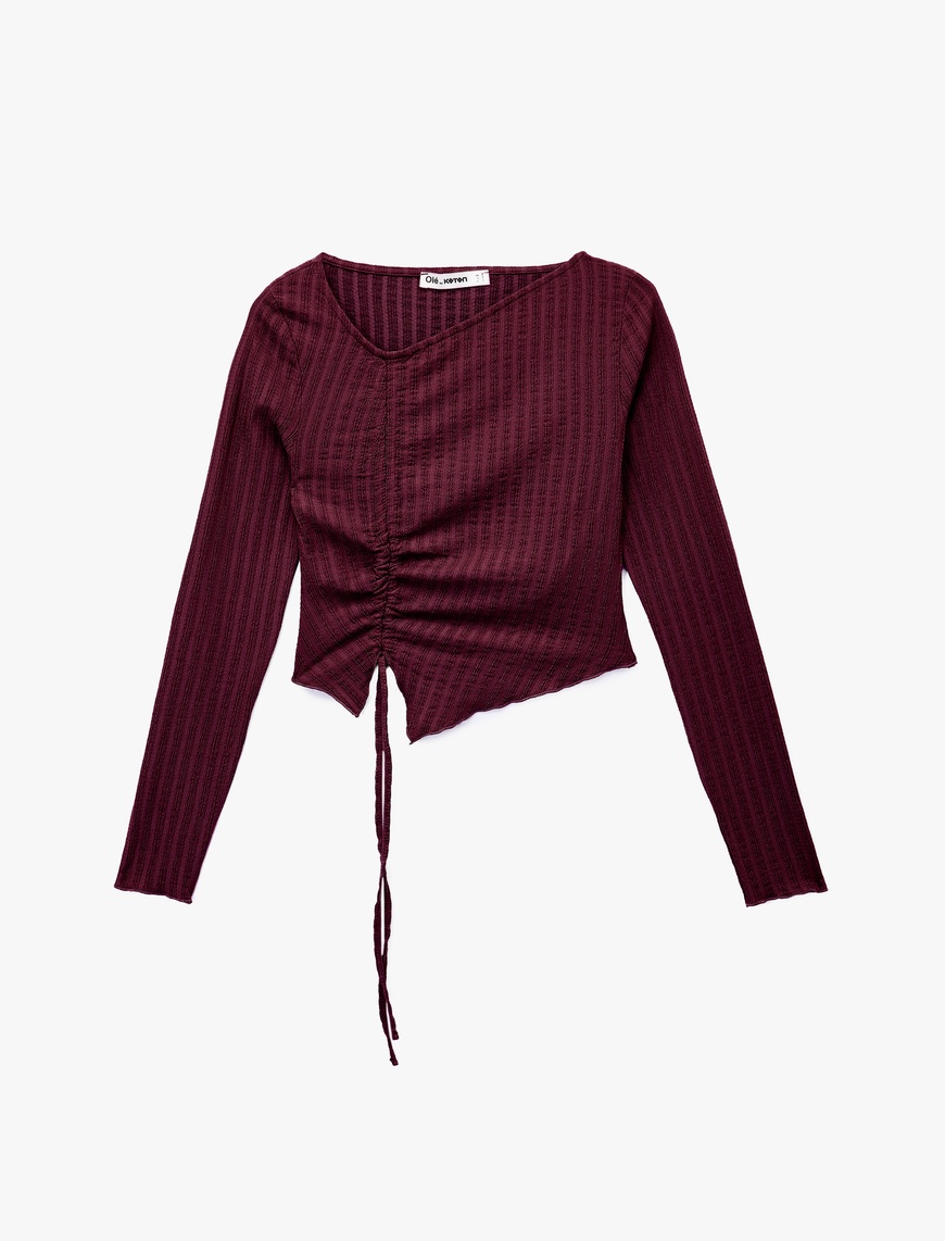   Asimetrik Yaka Slim Fit Büzgülü Uzun Kollu Tişört