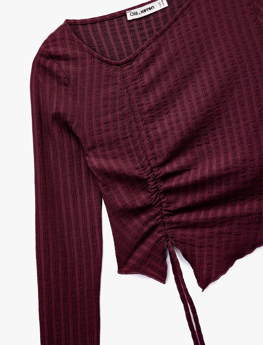   Asimetrik Yaka Slim Fit Büzgülü Uzun Kollu Tişört