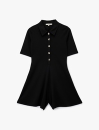 Slim Fit Kısa Kollu Yarım Düğme Detaylı Polo Yaka Mini Şort Tulum
