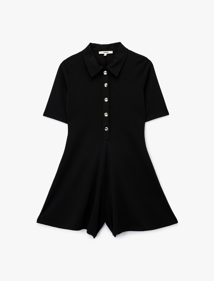  Slim Fit Kısa Kollu Yarım Düğme Detaylı Polo Yaka Mini Şort Tulum