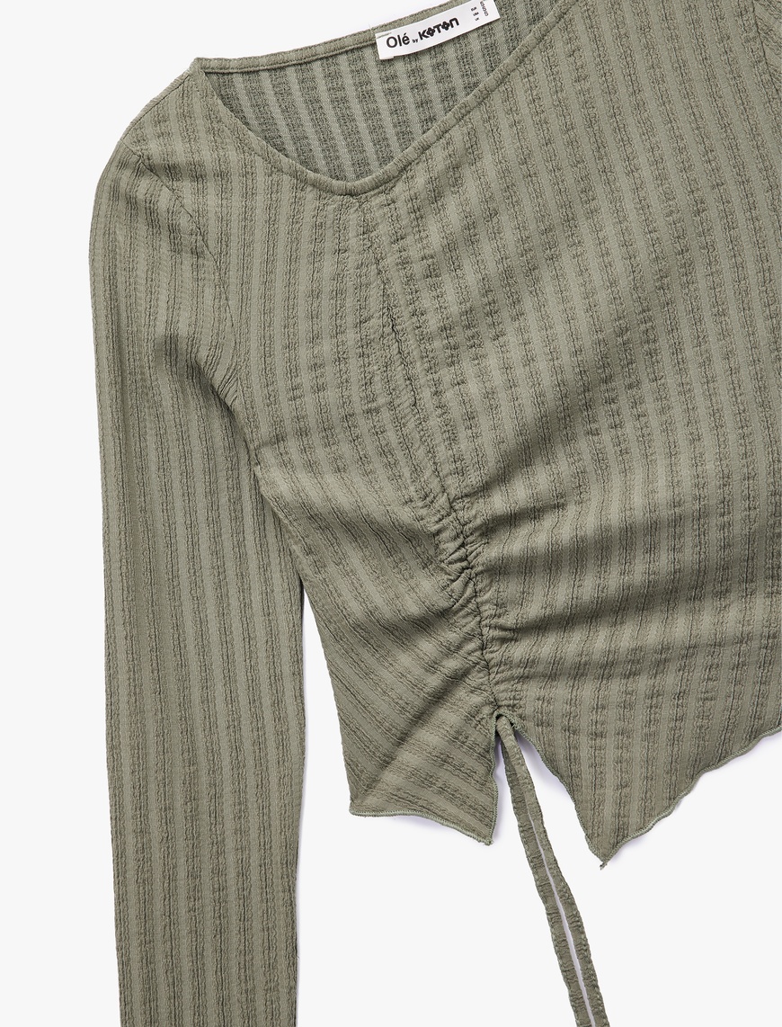   Asimetrik Yaka Slim Fit Büzgülü Uzun Kollu Tişört