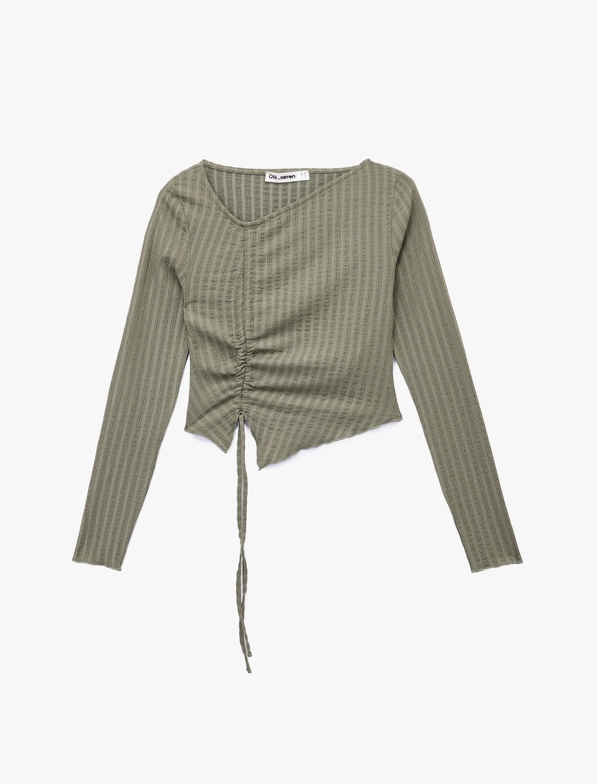   Asimetrik Yaka Slim Fit Büzgülü Uzun Kollu Tişört