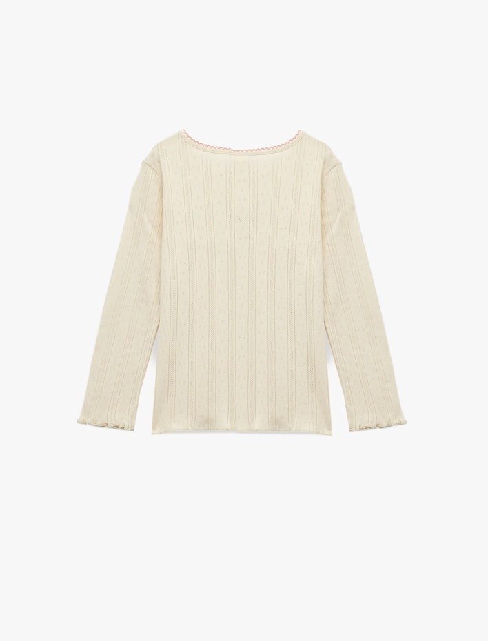 Kız Bebek Pamuklu Bisiklet Yaka Nakış Detaylı Uzun Kollu Tişört