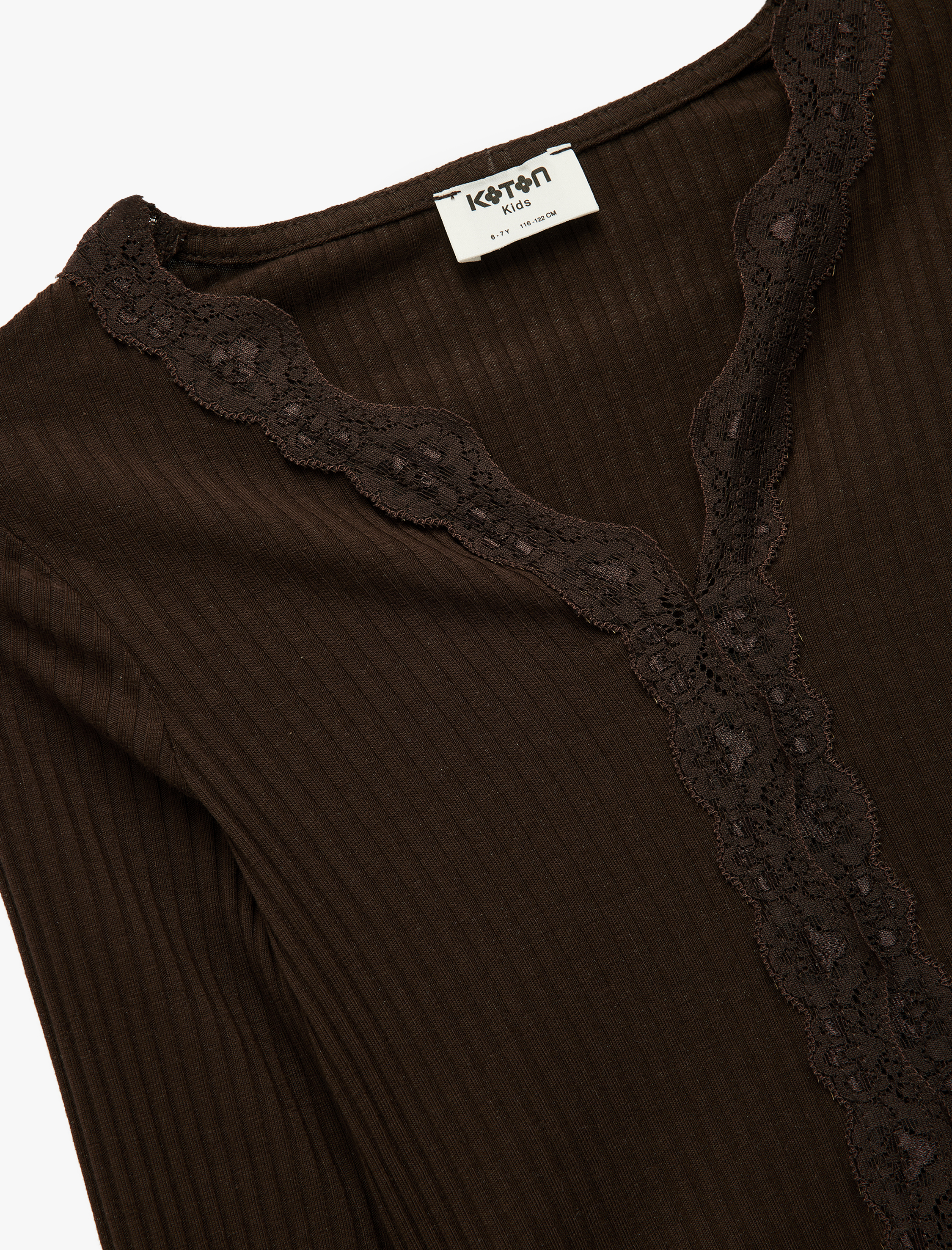  Kız Çocuk Pamuklu V Yaka Dantel Detaylı Uzun Kollu Tişört