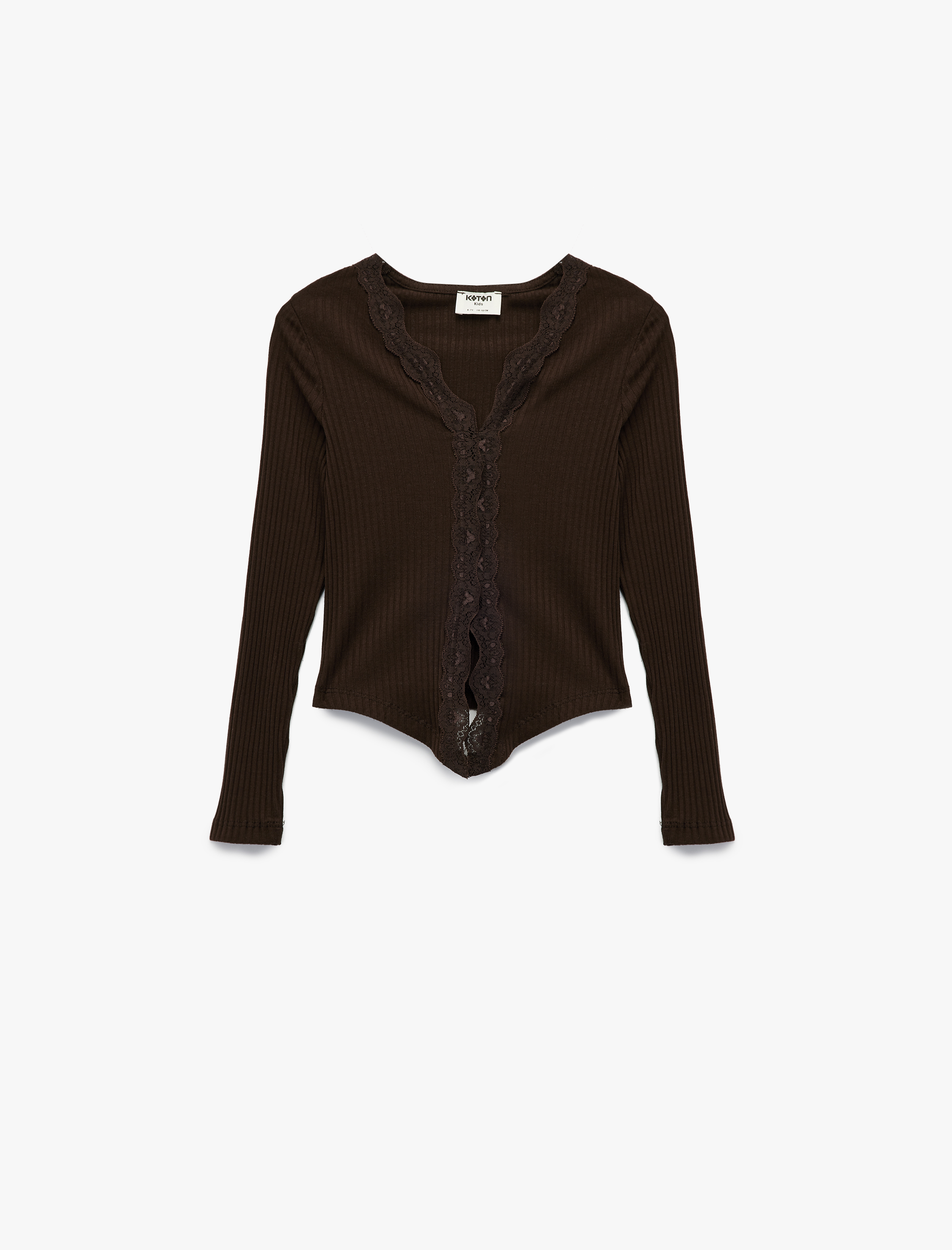  Kız Çocuk Pamuklu V Yaka Dantel Detaylı Uzun Kollu Tişört