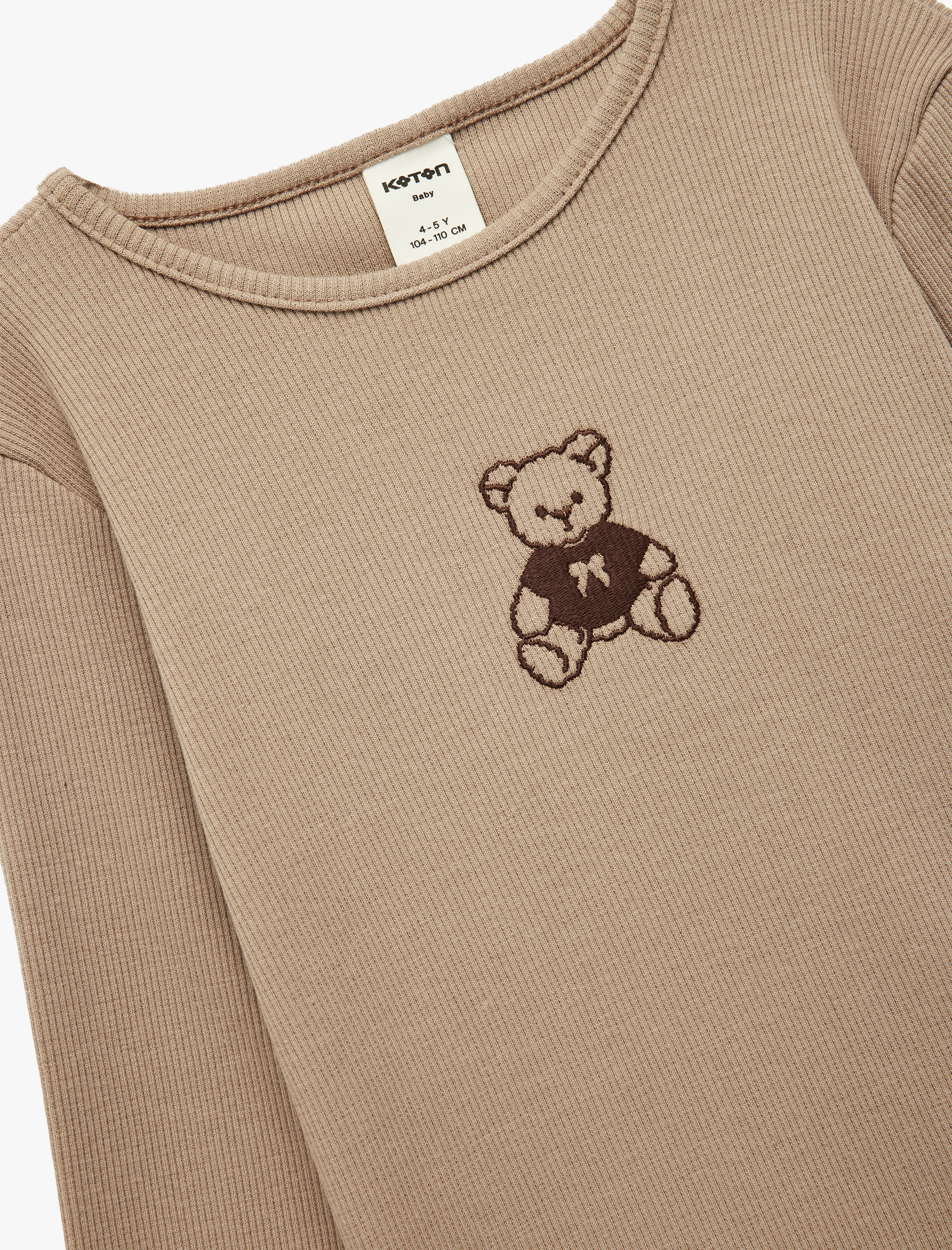  Kız Bebek Pamuklu Uzun Kollu Bisiklet Yaka Nakış Detaylı Tişört