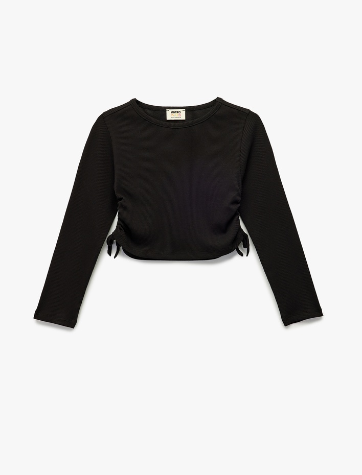 Kız Çocuk Pamuklu Uzun Kollu Bisiklet Yaka Kaşkorse Crop Tişört