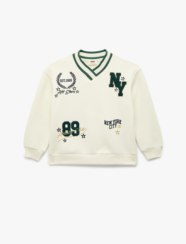 Kız Çocuk Nakış Detaylı Uzun Kollu V Yaka Oversize Sweatshirt