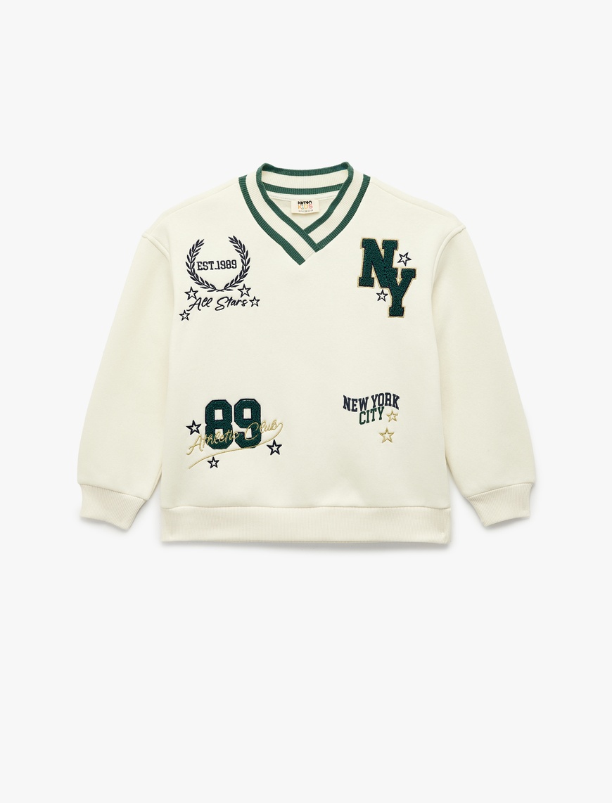  Kız Çocuk Nakış Detaylı Uzun Kollu V Yaka Oversize Sweatshirt
