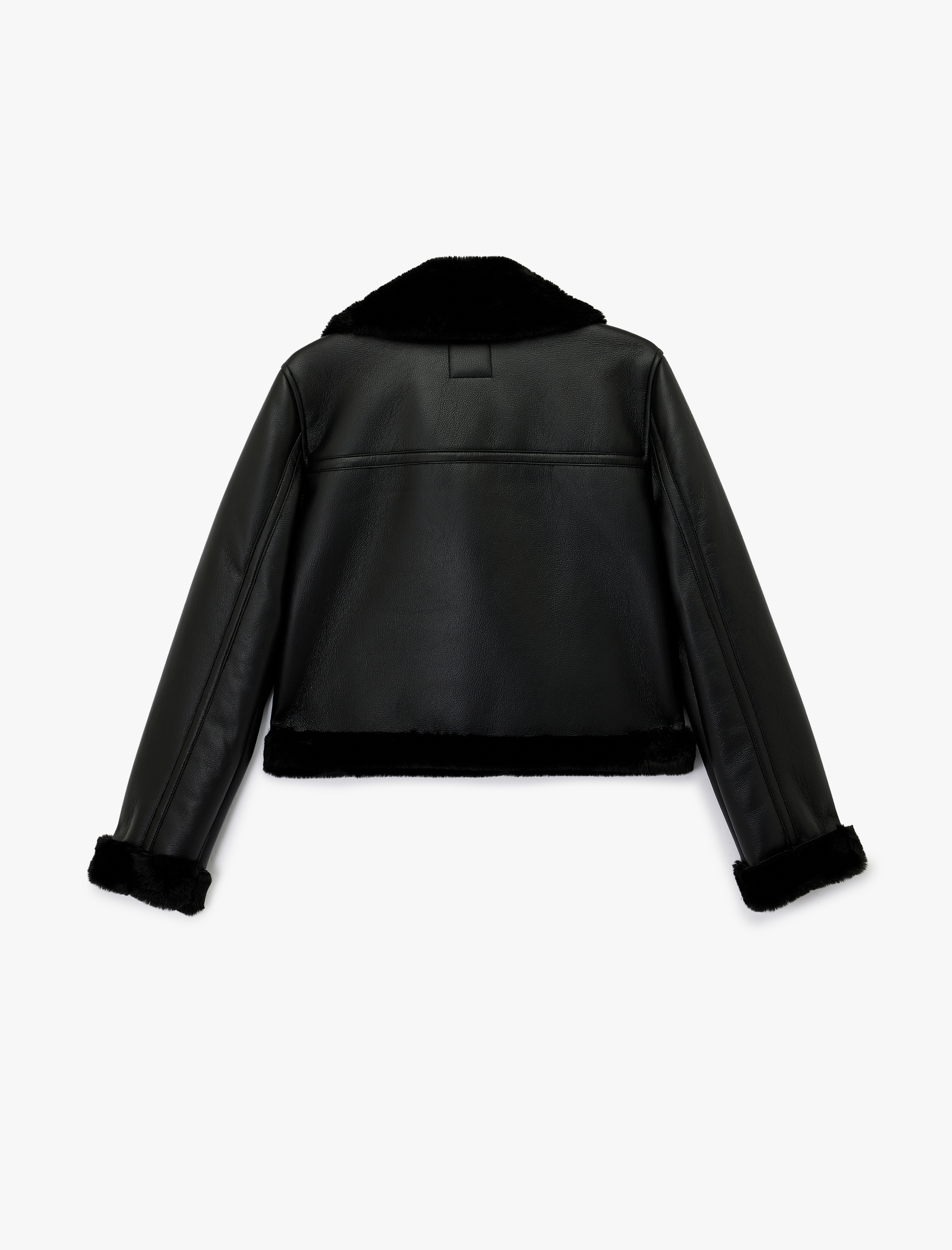   Uzun Kollu Deri Görünümlü Suni Kürk Yaka Biker Ceket