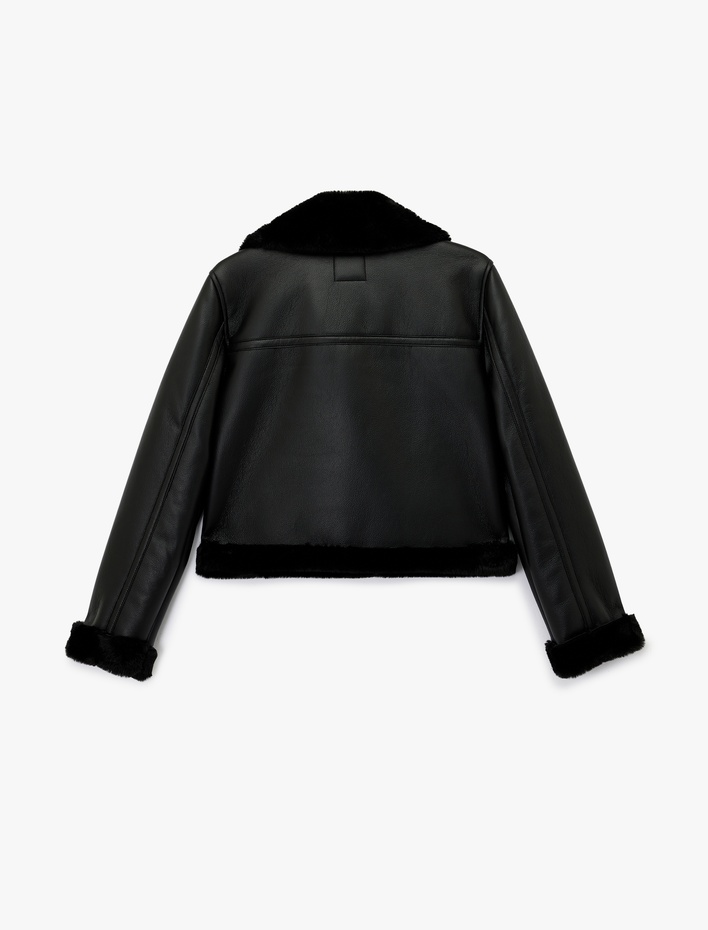  Uzun Kollu Deri Görünümlü Suni Kürk Yaka Biker Ceket