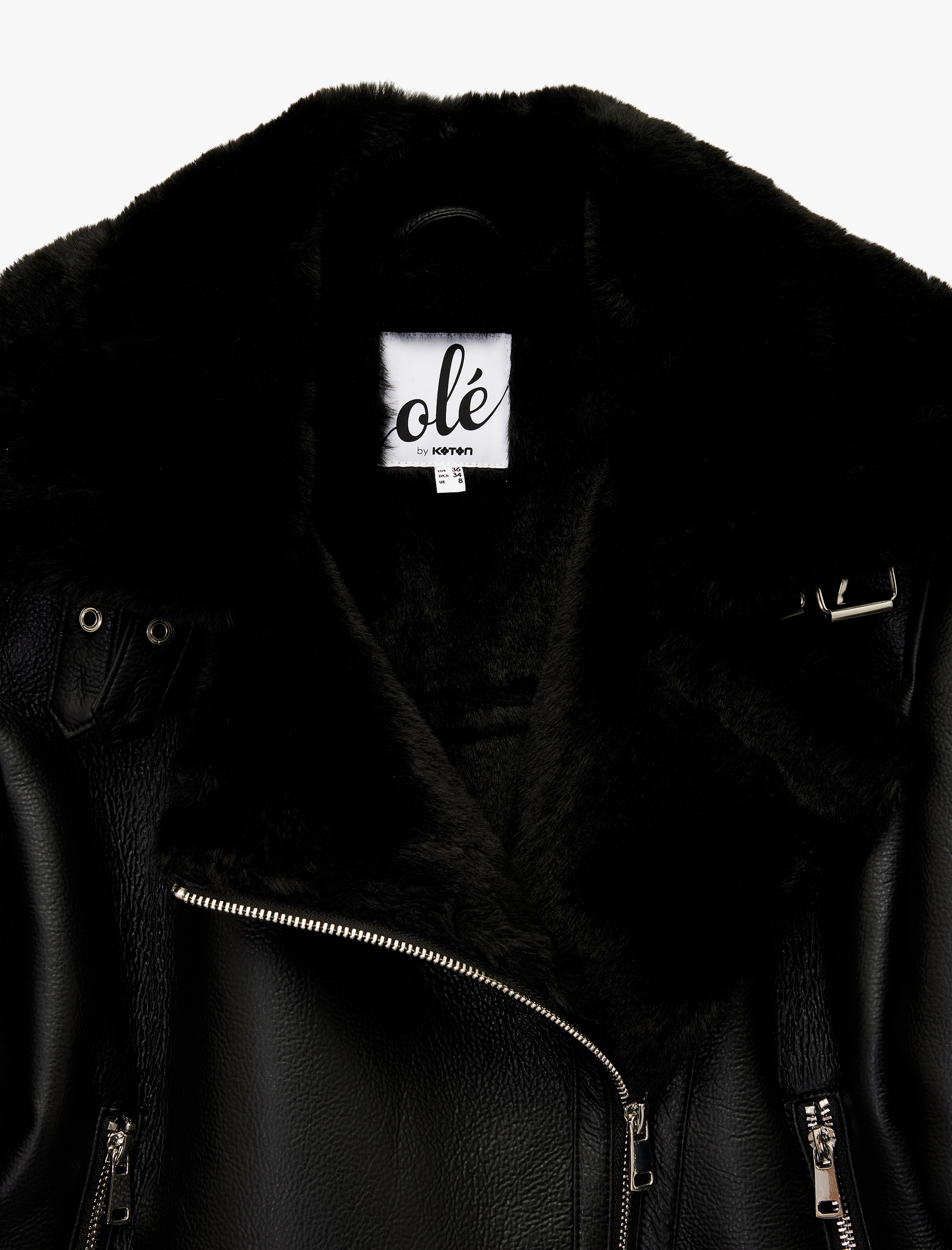   Uzun Kollu Deri Görünümlü Suni Kürk Yaka Biker Ceket