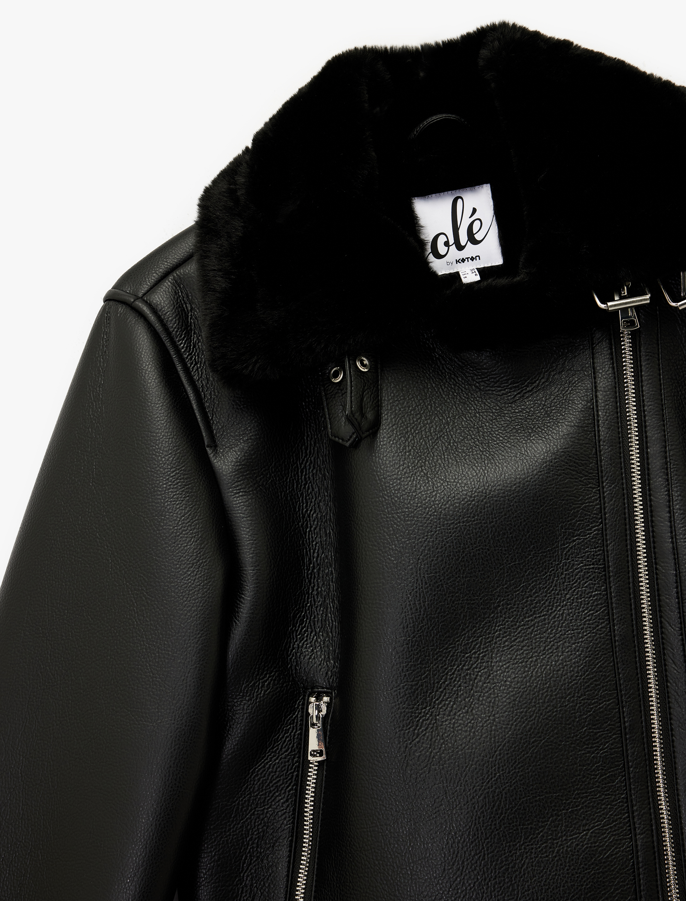   Uzun Kollu Deri Görünümlü Suni Kürk Yaka Biker Ceket