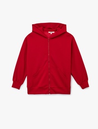 Uzun Kollu Cepli Fermuarlı Kapüşonlu Sweatshirt