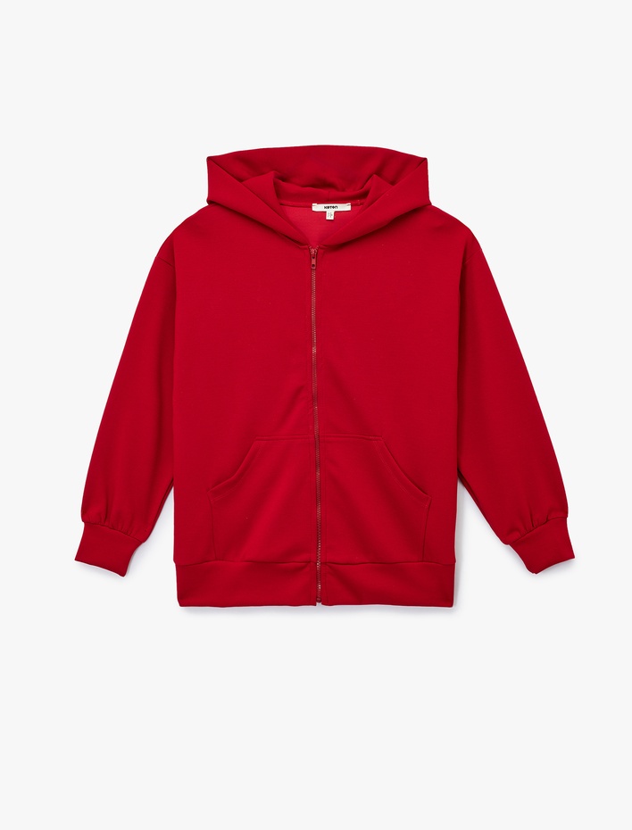  Uzun Kollu Cepli Fermuarlı Kapüşonlu Sweatshirt