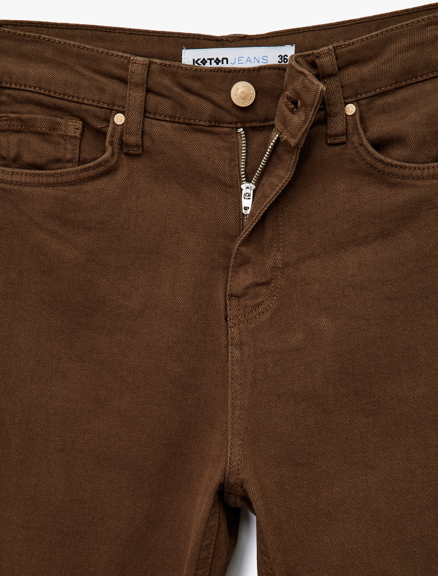   Pamuklu Düğmeli Cepli Dar Kesim Kısa İspanyol Paça Jean Pantolon -  Kick Flare Jeans