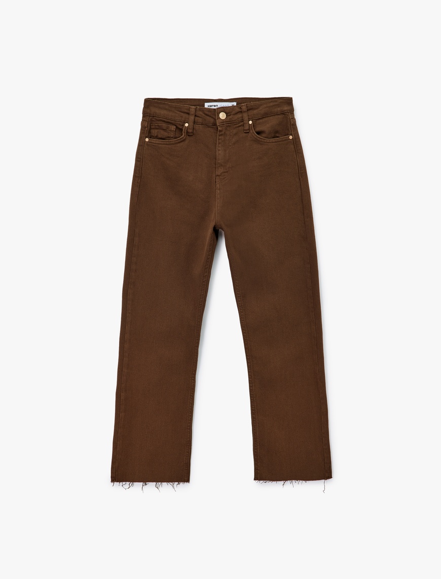   Pamuklu Düğmeli Cepli Dar Kesim Kısa İspanyol Paça Jean Pantolon -  Kick Flare Jeans