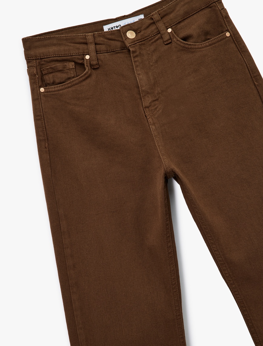   Pamuklu Düğmeli Cepli Dar Kesim Kısa İspanyol Paça Jean Pantolon -  Kick Flare Jeans