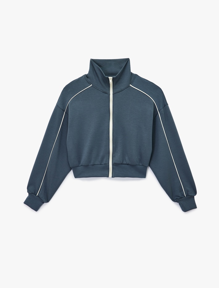  Dik Yaka Viskon Karışımlı Biyeli Fermuarlı Rahat Kalıp Spor Sweatshirt