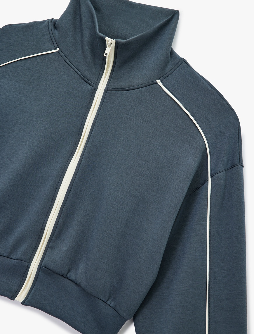   Dik Yaka Viskon Karışımlı Biyeli Fermuarlı Rahat Kalıp Spor Sweatshirt