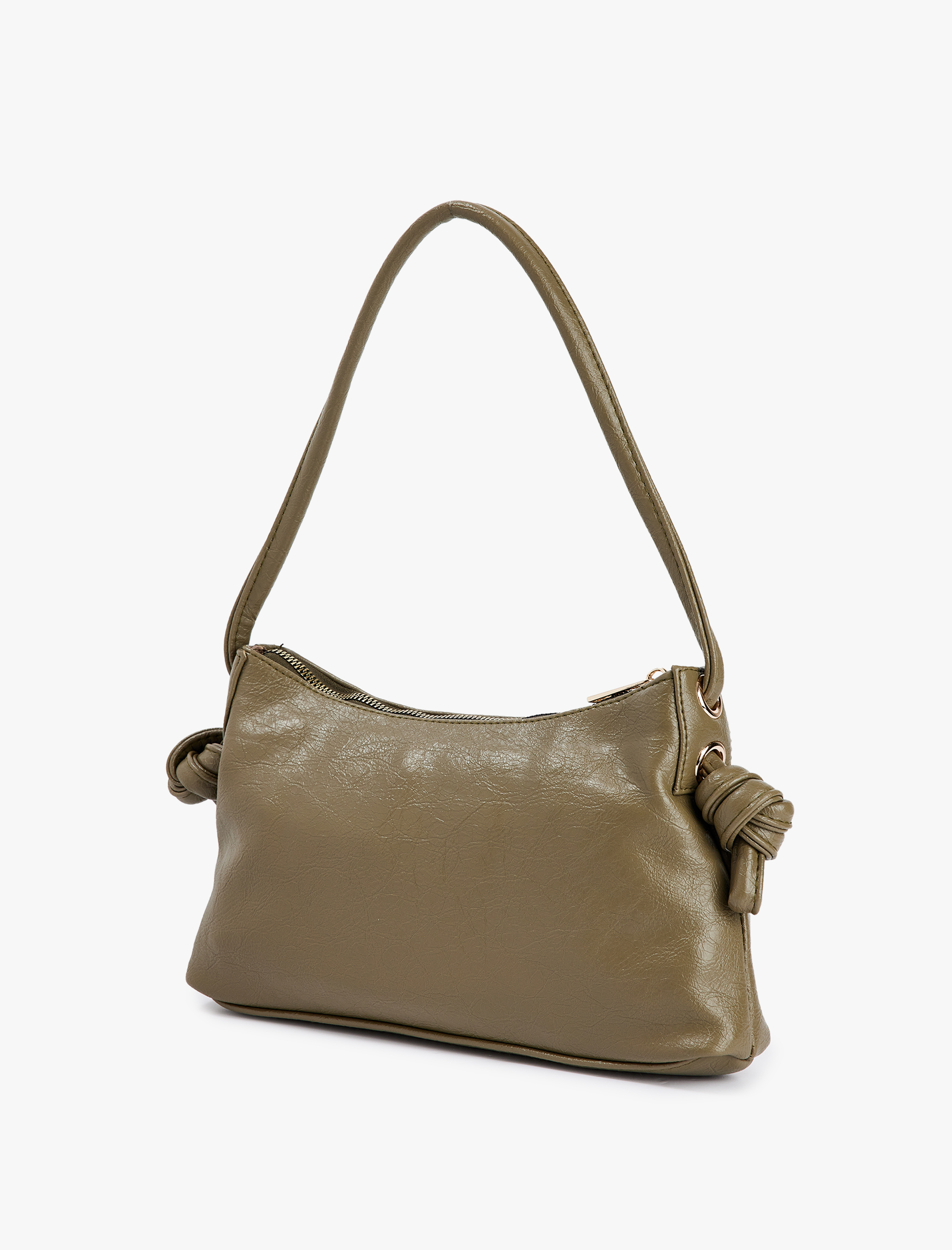  Kadın Suni Deri Düğüm Detaylı Fermuarlı Omuz Çantası