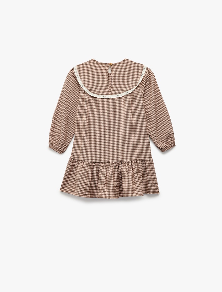 Kız Bebek Uzun Kollu Bisiklet Yaka Pileli Pöti Kareli Elbise