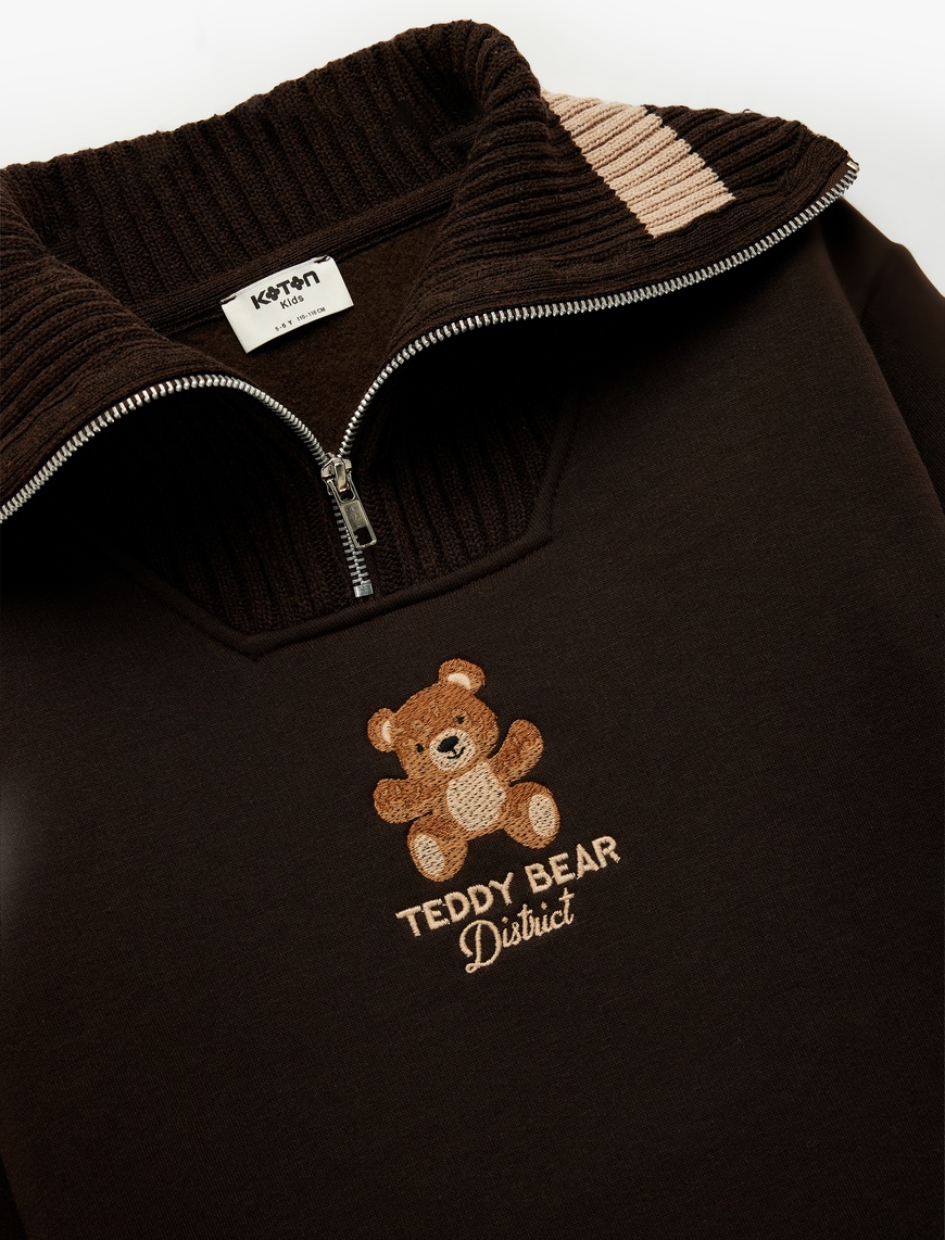  Kız Çocuk Uzun Kollu Yarım Fermuarlı Ayıcık Nakışlı Oversize Sweatshirt