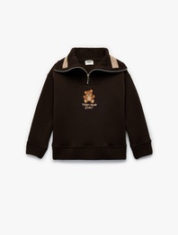 Uzun Kollu Yarım Fermuarlı Ayıcık Nakışlı Oversize Sweatshirt