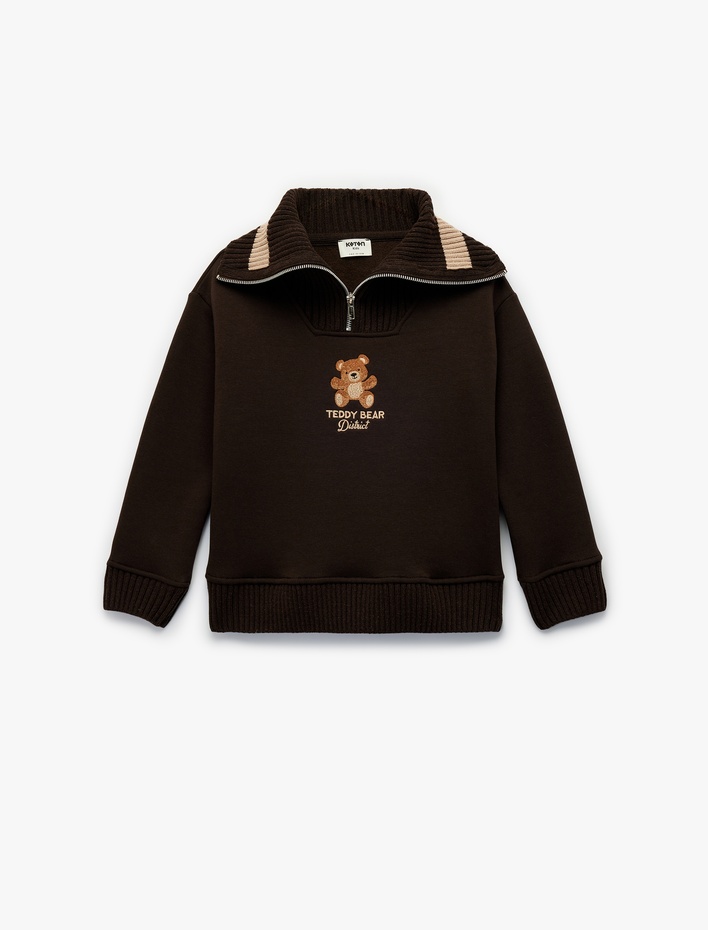 Kız Çocuk Uzun Kollu Yarım Fermuarlı Ayıcık Nakışlı Oversize Sweatshirt