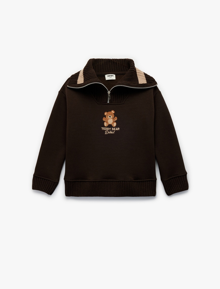  Kız Çocuk Uzun Kollu Yarım Fermuarlı Ayıcık Nakışlı Oversize Sweatshirt