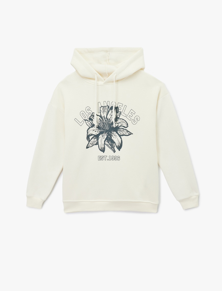   Uzun Kollu Kapüşonlu Kolej Temalı Baskılı Oversize Sweatshirt
